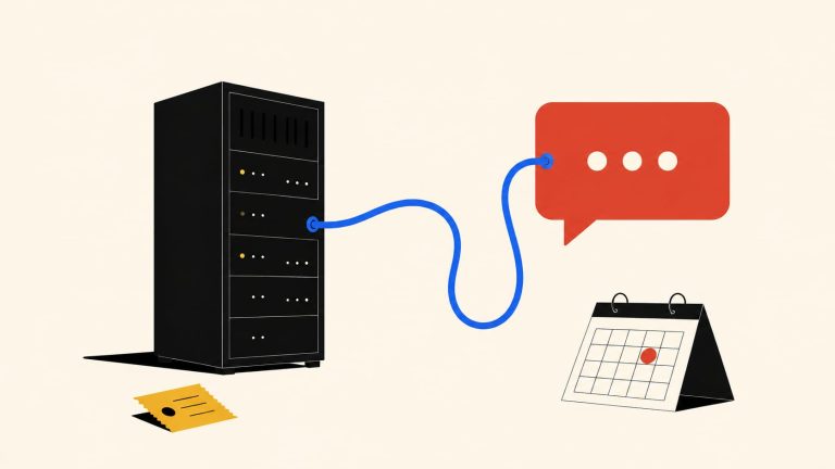An Idiot's Guide to Running Your Business with AI 1 Editorial illustration of a business server connected by a blue cable to a chat bubble, calendar, and receipt.