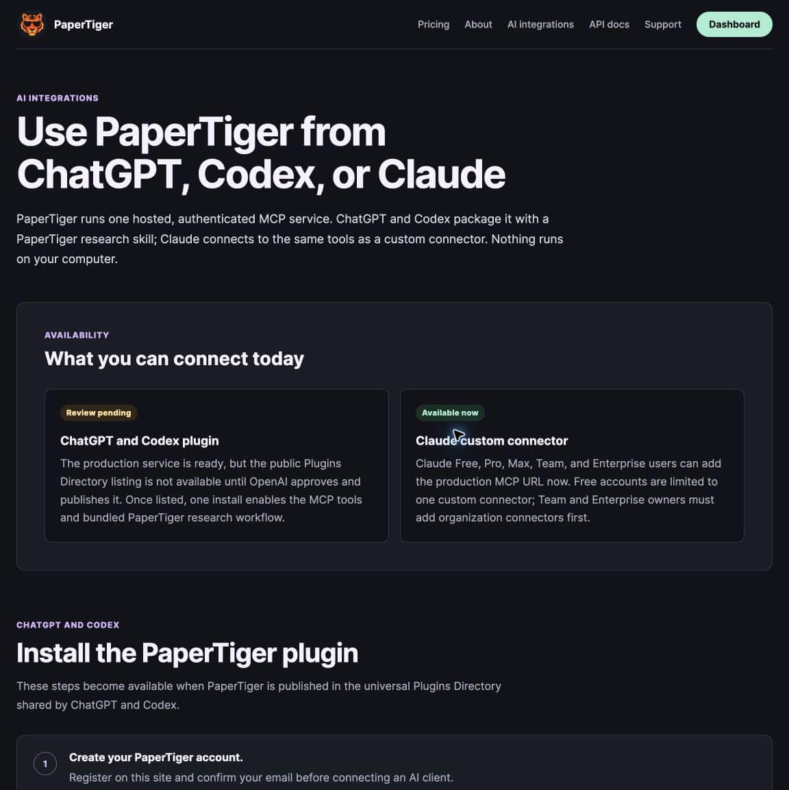 Launching PaperTiger — Simulated Trading on Prediction Markets 3 PaperTiger AI integrations page, showing hosted MCP access for ChatGPT, Codex, and Claude.
