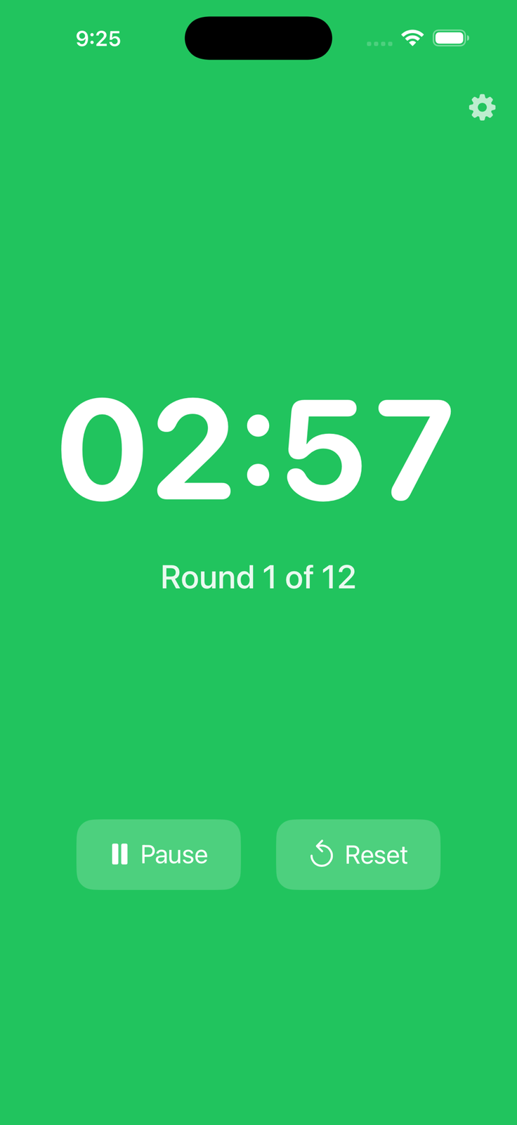 Absolute Timer - My Very Own Boxing Timer 2 Absolute Timer active round screen showing 2:57 left in round 1 of 12.