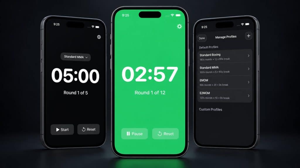 Absolute Timer - My Very Own Boxing Timer 1 Three Absolute Timer app screens showing an active round timer, the idle timer, and preset profiles.