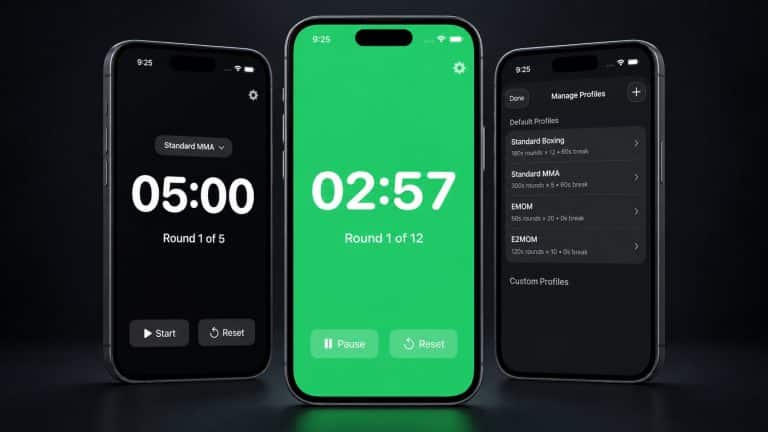 Three Absolute Timer app screens showing an active round timer, the idle timer, and preset profiles.
