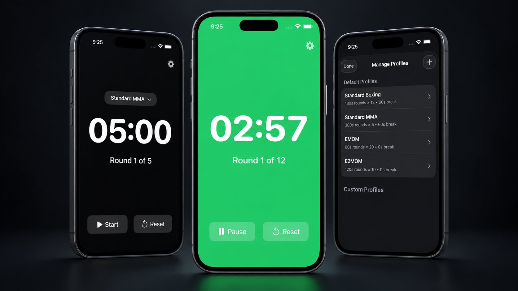 Absolute Timer - My Very Own Boxing Timer 1 Three Absolute Timer app screens showing an active round timer, the idle timer, and preset profiles.