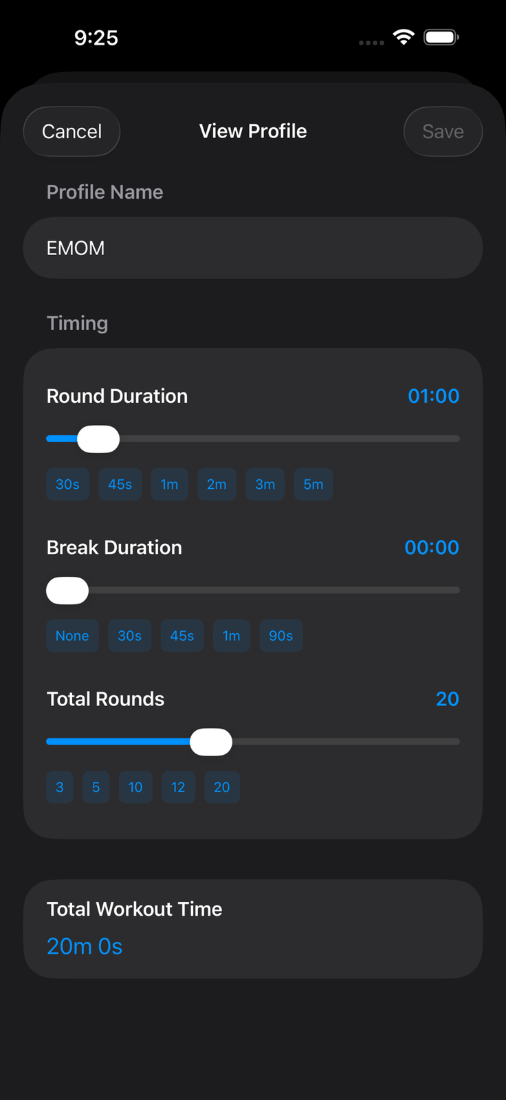 Absolute Timer - My Very Own Boxing Timer 3 Absolute Timer profile editor showing round duration, break duration, total rounds, and workout time.