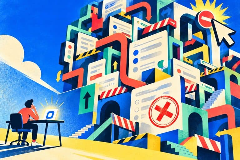 Developer at a desk facing a towering maze of app submission forms, blocked paths and review marks
