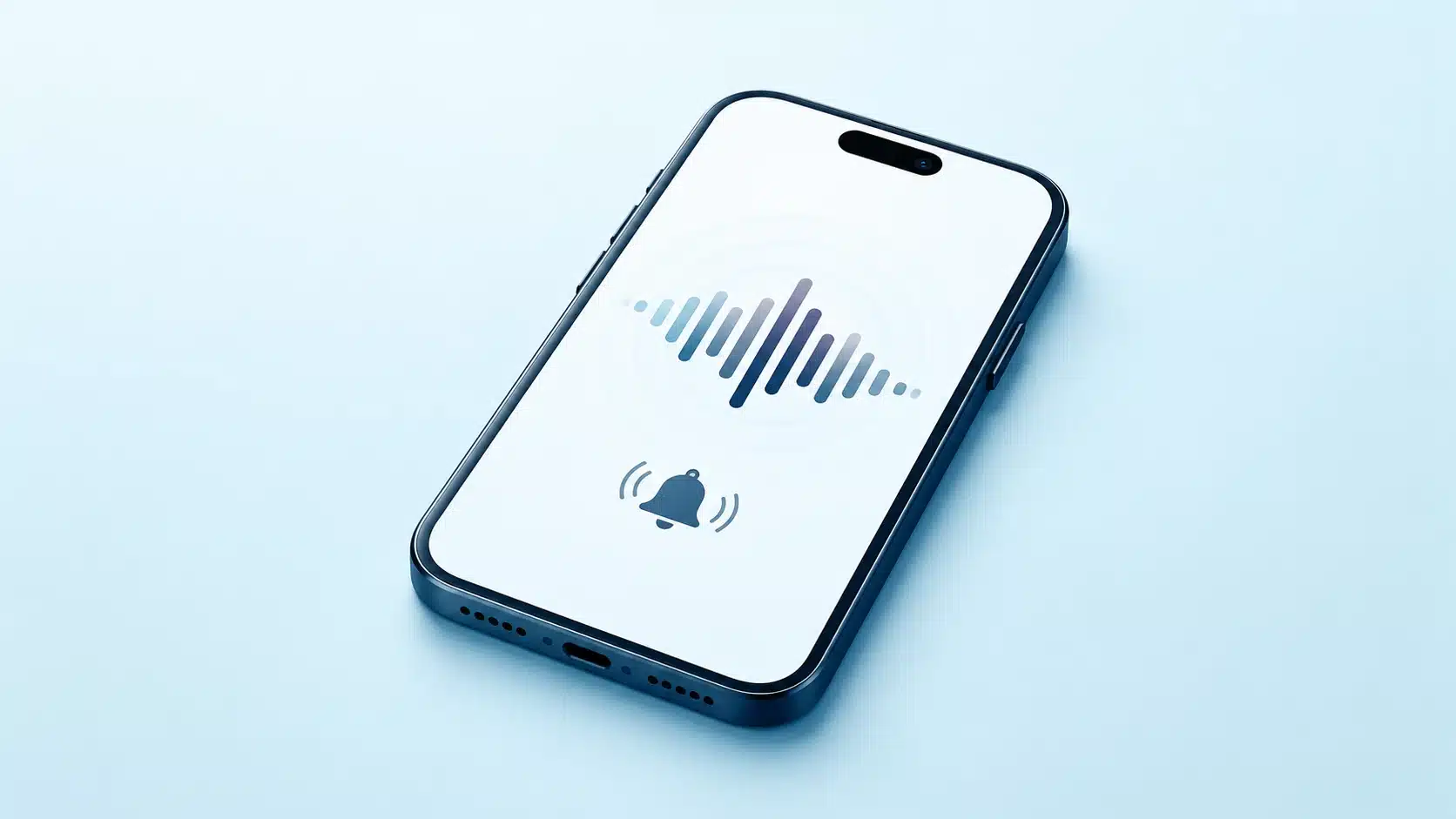 Modern iPhone showing a sound waveform and ringtone bell on a pale blue background