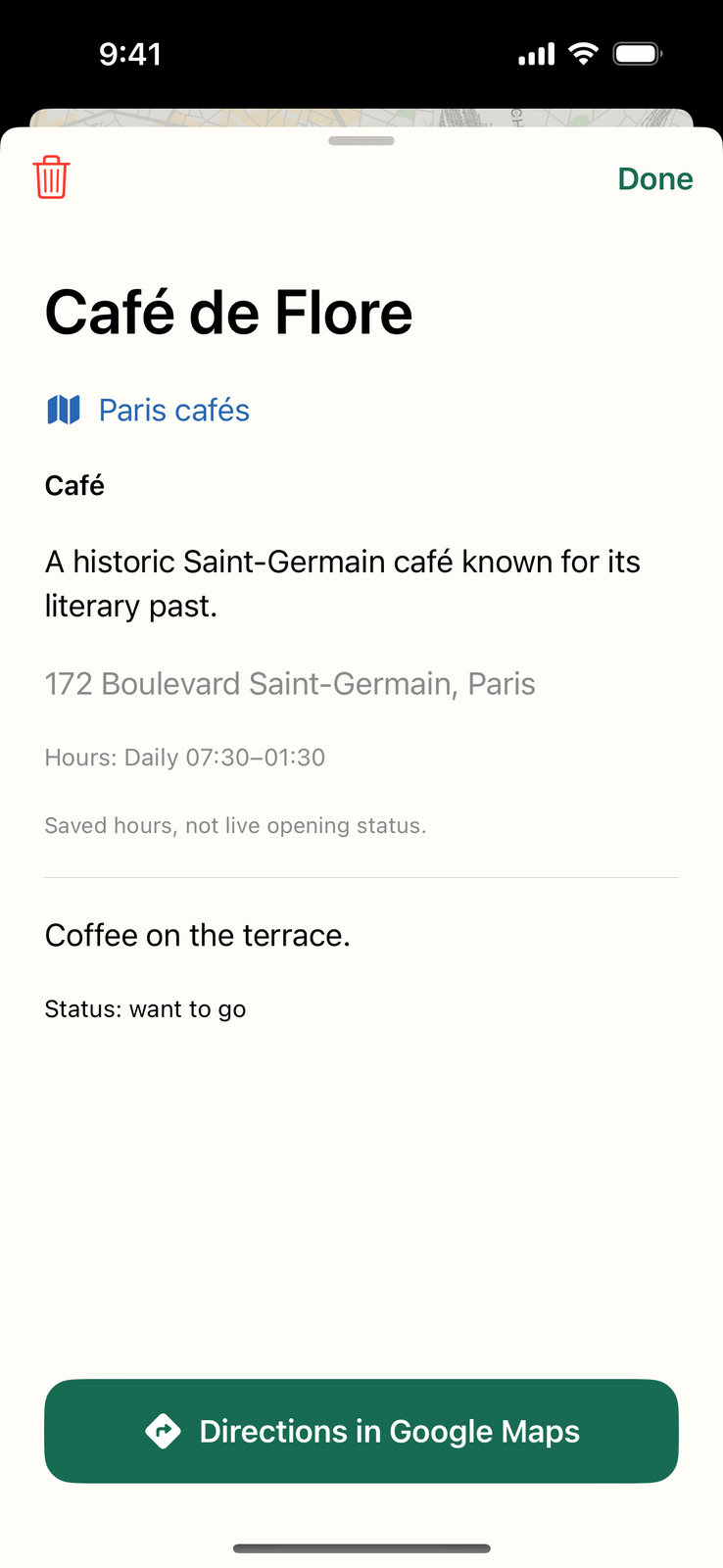Detour: Make a Map in ChatGPT or Claude and Open It on iPhone 3 Detour saved place details for Café de Flore with a note, saved hours, and a Google Maps directions button.
