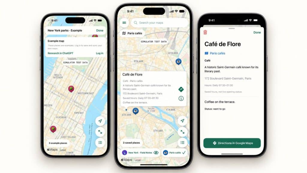 Three Detour iPhone screens showing a New York example map, Paris cafés map, and saved place details.
