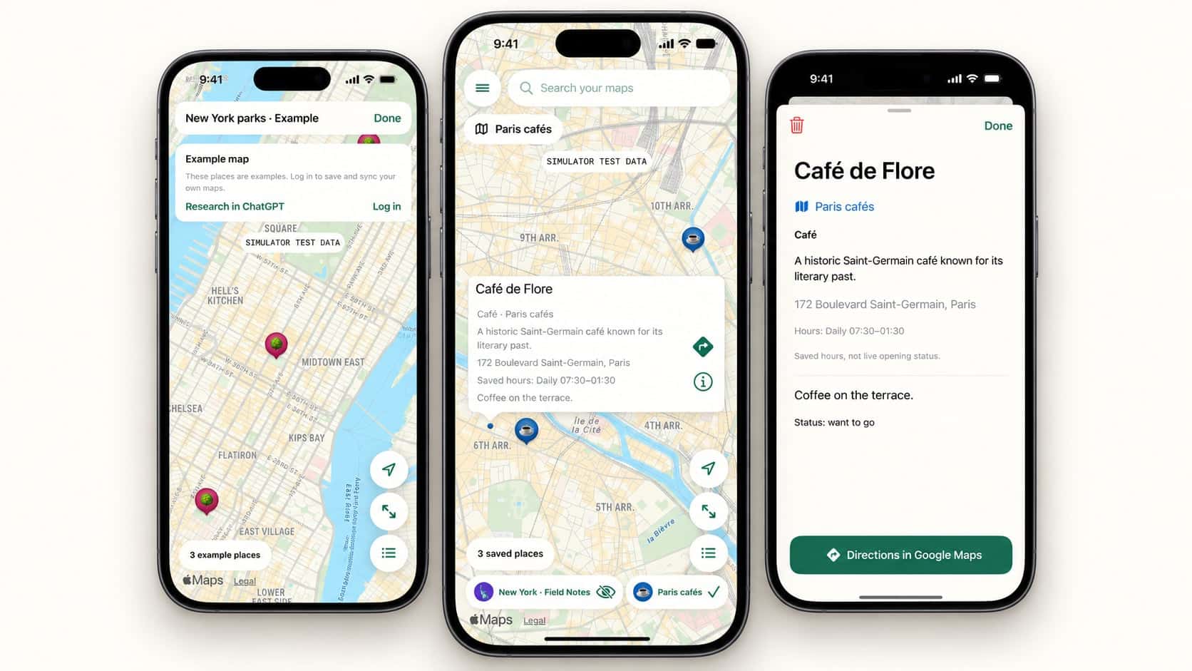 Detour: Make a Map in ChatGPT or Claude and Open It on iPhone 1 Three Detour iPhone screens showing a New York example map, Paris cafés map, and saved place details.