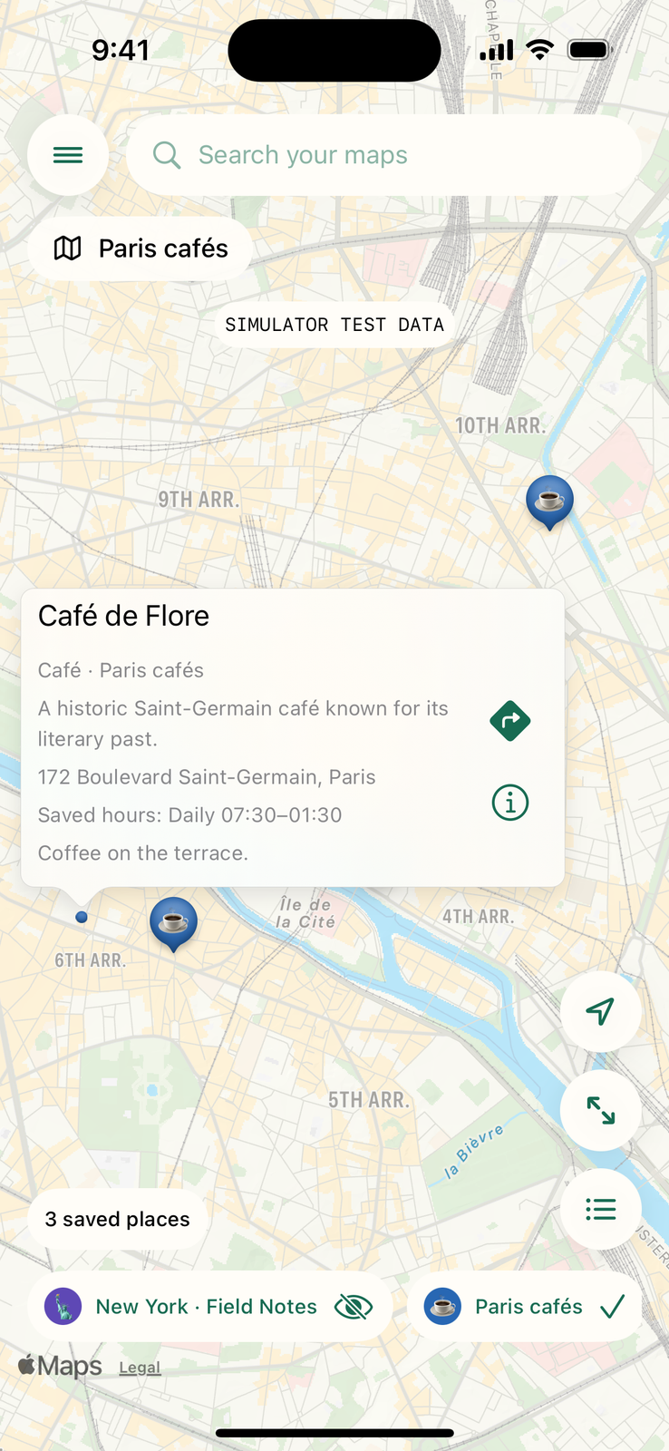 Detour: Make a Map in ChatGPT or Claude and Open It on iPhone 2 Detour iPhone app showing a Paris cafés map with Café de Flore selected and three saved places.