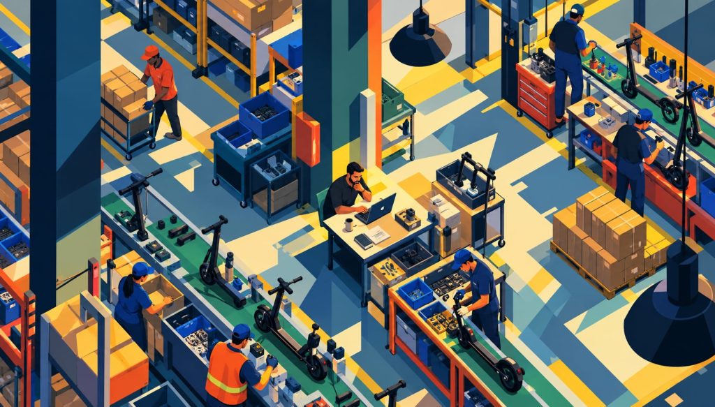 So, I'm a Forward-Deployed Engineer 1 Geometric magazine-style illustration of a busy factory floor with workers and a small forward-deployed engineer using a laptop under a pool of light.