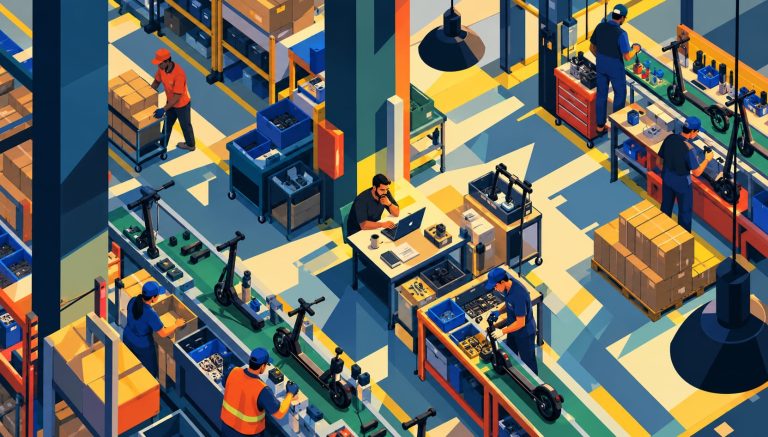 Geometric magazine-style illustration of a busy factory floor with workers and a small forward-deployed engineer using a laptop under a pool of light.