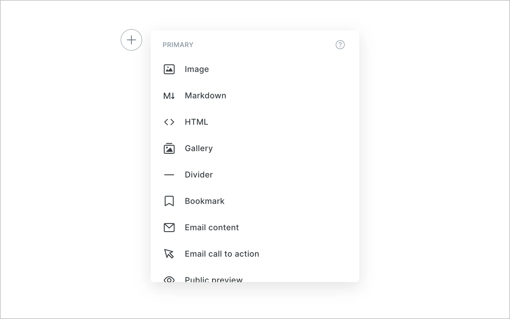 Ghost Review 2026: Still My Pick for Simple Blogging 2 Ghost editor card menu with options for images, Markdown, HTML, galleries and email content