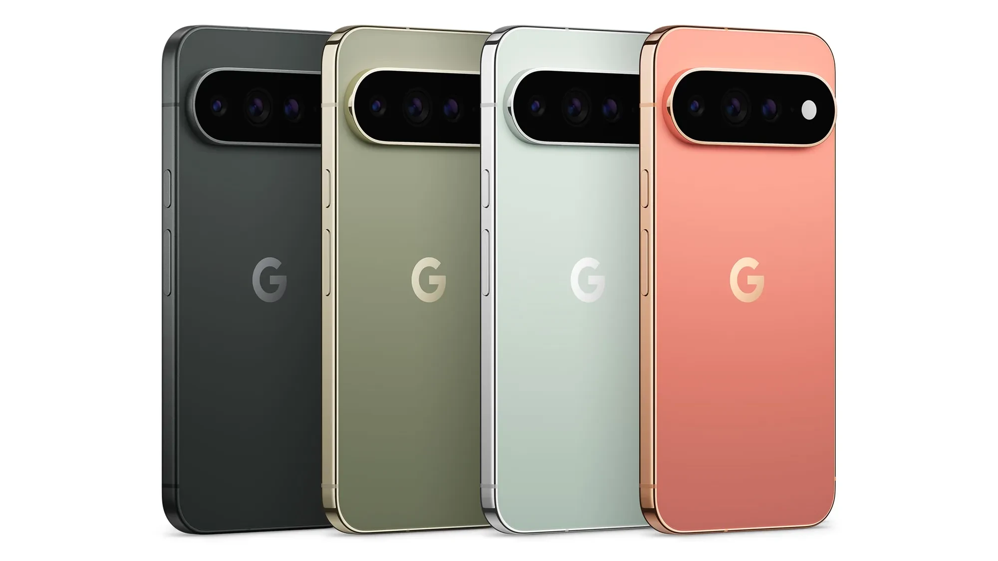 Pixel 11 Pro and Pixel 11 Pro XL phones in four colours, rear view