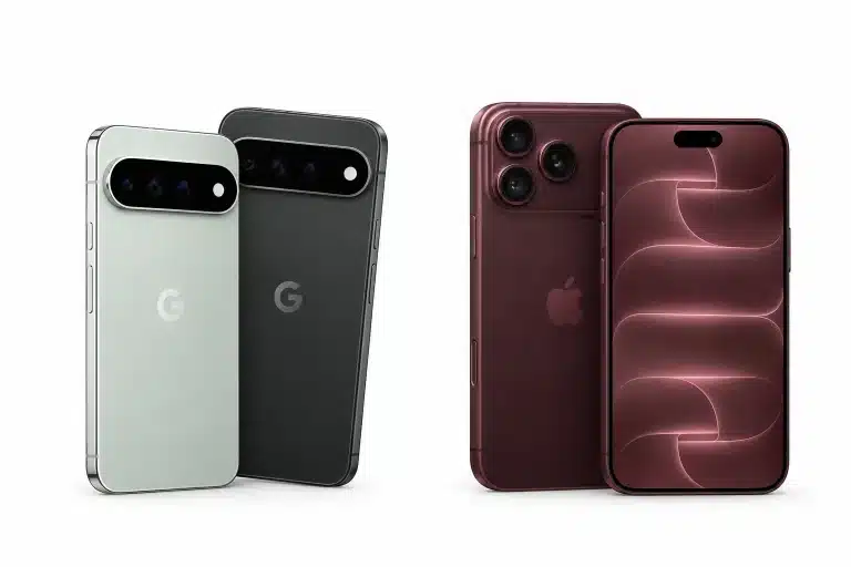 Google Pixel 11 Pro phones beside Apple iPhone 18 Pro phones on a white background