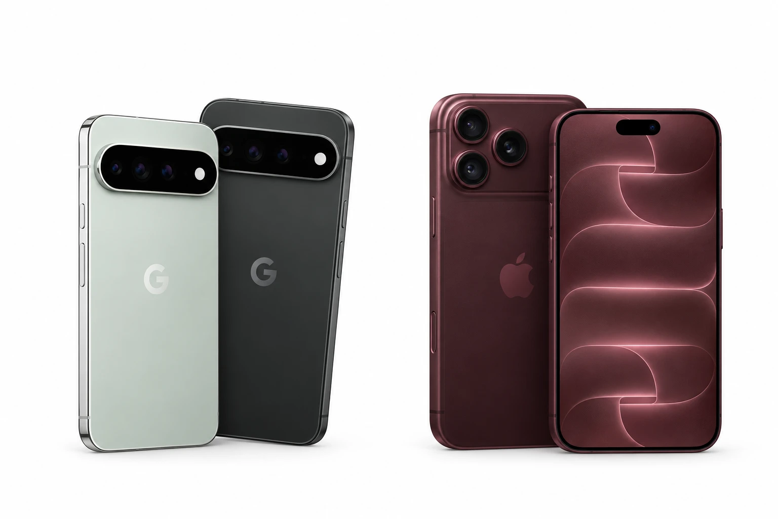 Google Pixel 11 Pro phones beside Apple iPhone 18 Pro phones on a white background