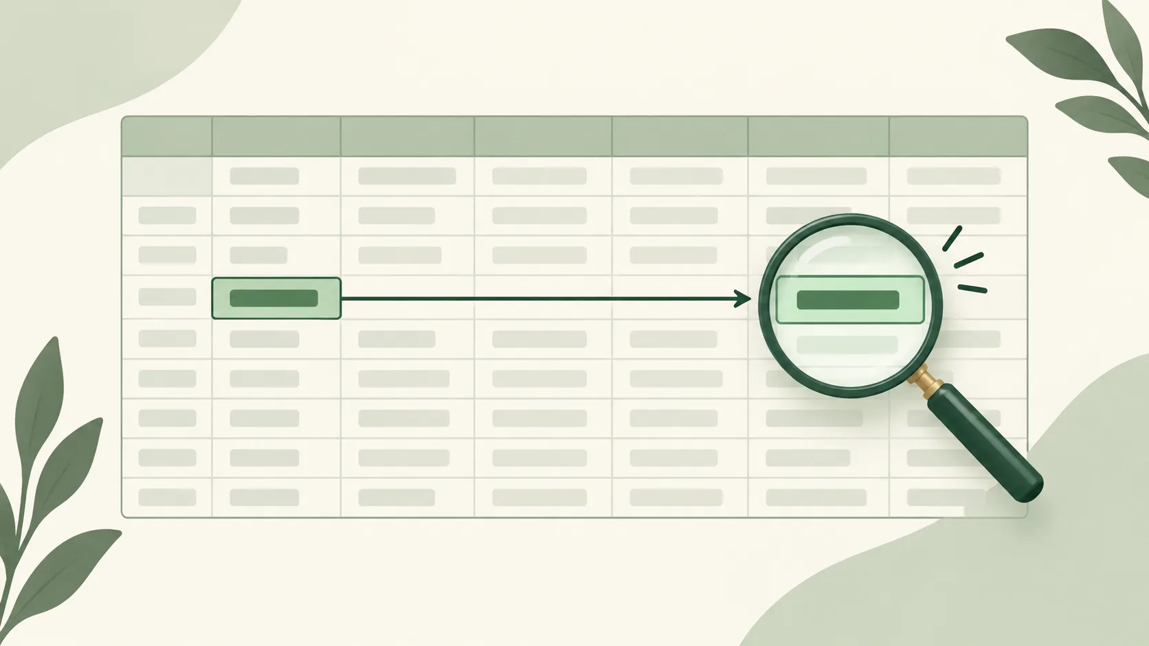 Illustration of a spreadsheet lookup moving from a selected cell to a matching result
