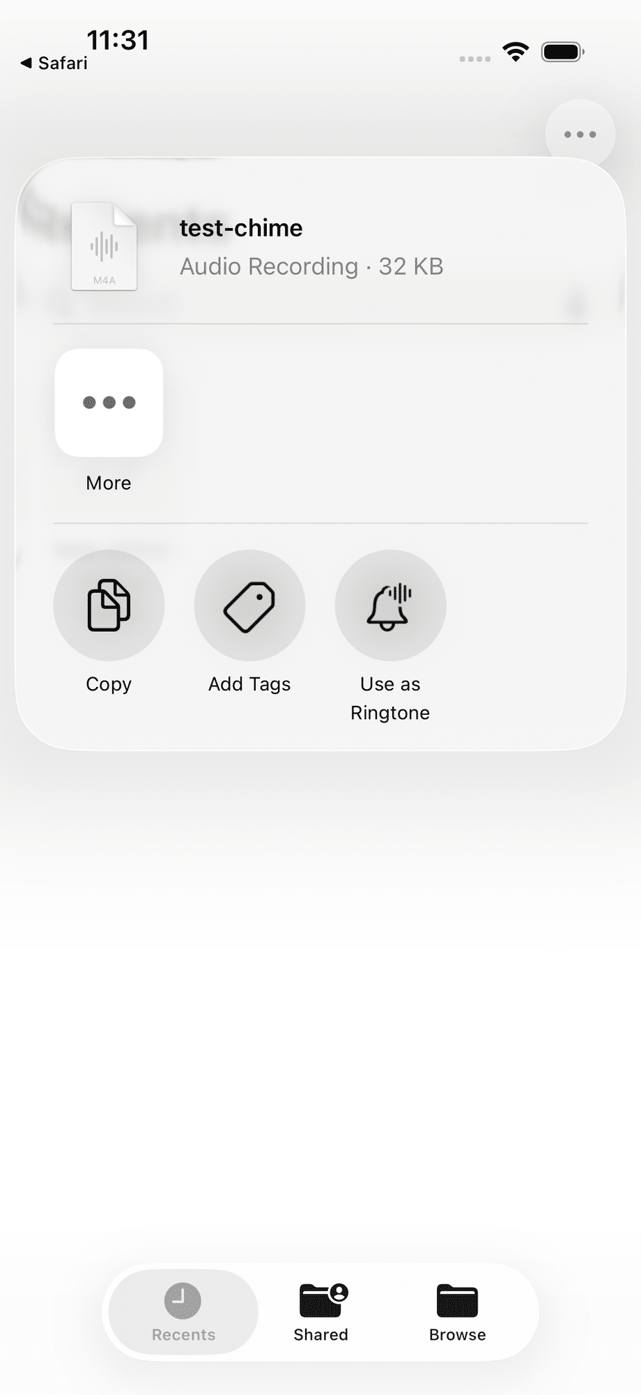 iPhone Files share sheet for a short M4A audio file, showing the Use as Ringtone action