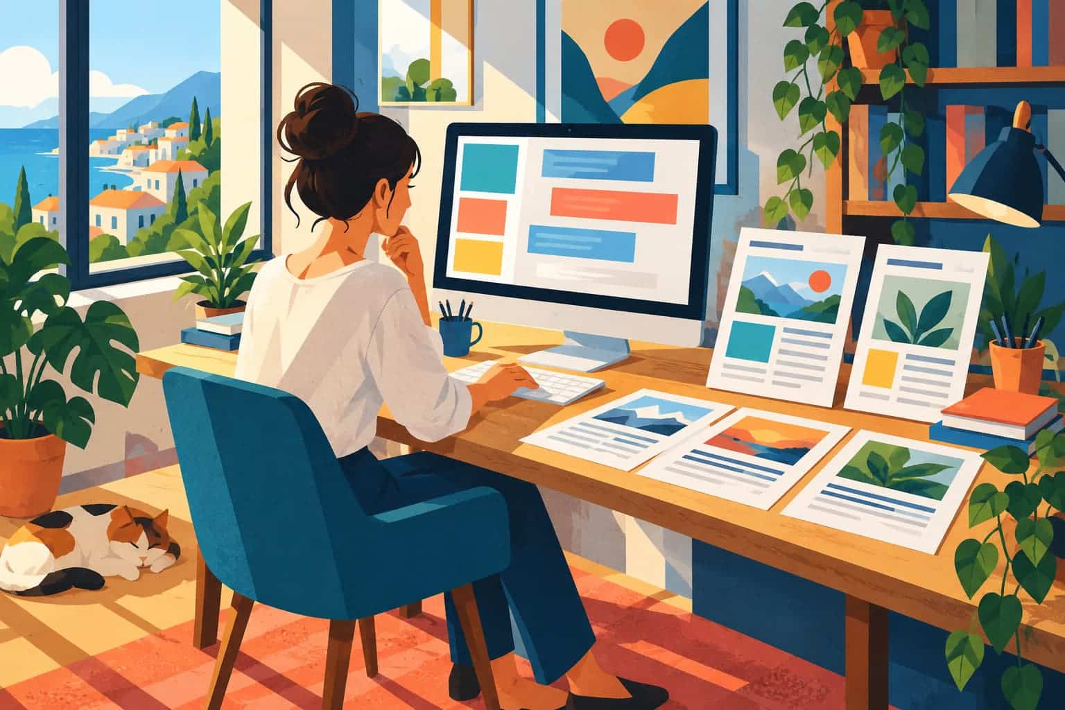 How I Use DiscoHQ to Run My Blogging Business 1 A writer at a sunlit desk works on a computer beside illustrated article pages.