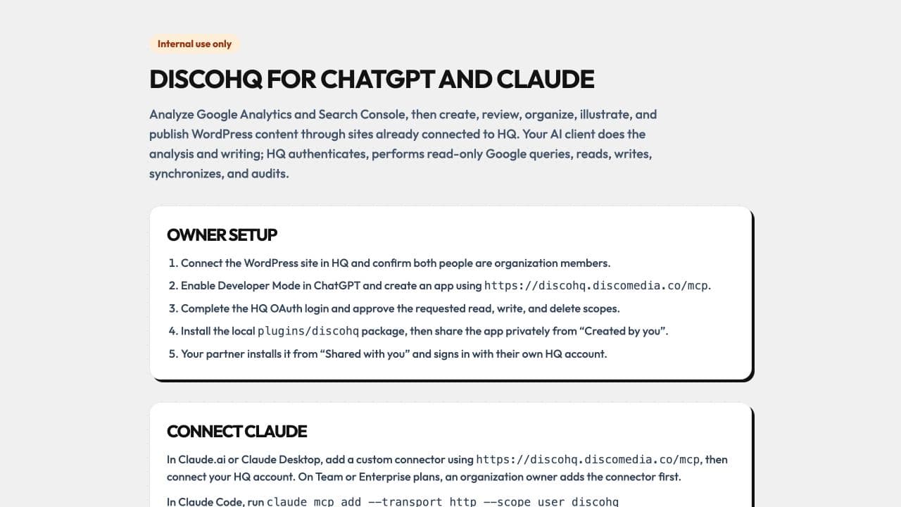 How I Use DiscoHQ to Run My Blogging Business 3 DiscoHQ connection page showing its private ChatGPT owner setup and Claude connector instructions.