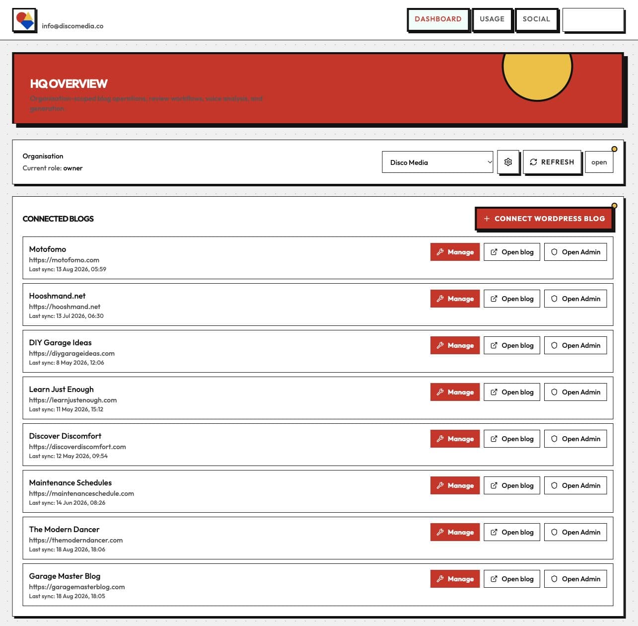 How I Use DiscoHQ to Run My Blogging Business 2 The signed-in HQ dashboard lists eight connected WordPress blogs, including Hooshmand.net, MotoFomo and Discover Discomfort.