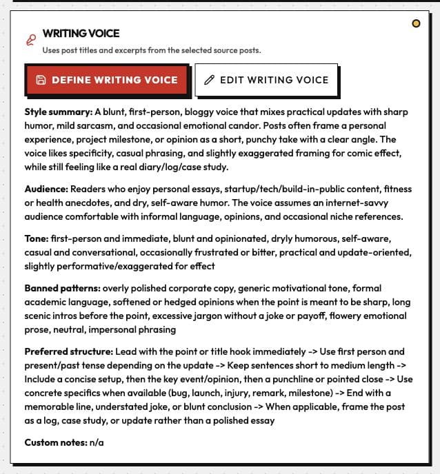 How I Use DiscoHQ to Run My Blogging Business 5 Hooshmand.net's saved HQ voice profile describes blunt first-person writing, dry humour, concrete details and avoidance of generic corporate or motivational copy.