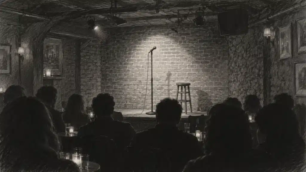 Jerry Seinfeld Ruined Seinfeld, but Whatever. 1 Pencil illustration of an empty comedy club stage with a microphone on its stand, seen over the dark silhouettes of an audience.
