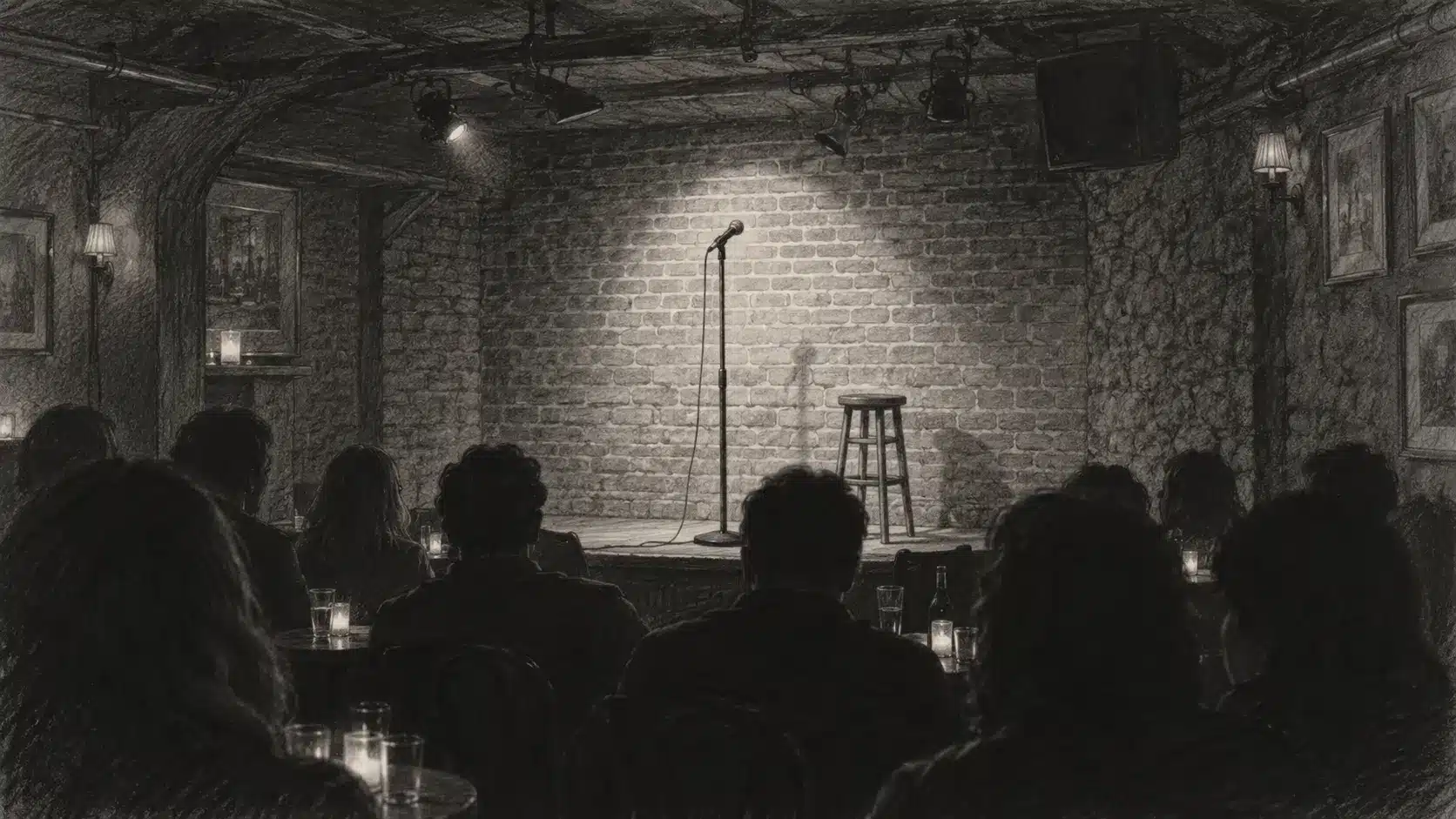 Pencil illustration of an empty comedy club stage with a microphone on its stand, seen over the dark silhouettes of an audience.