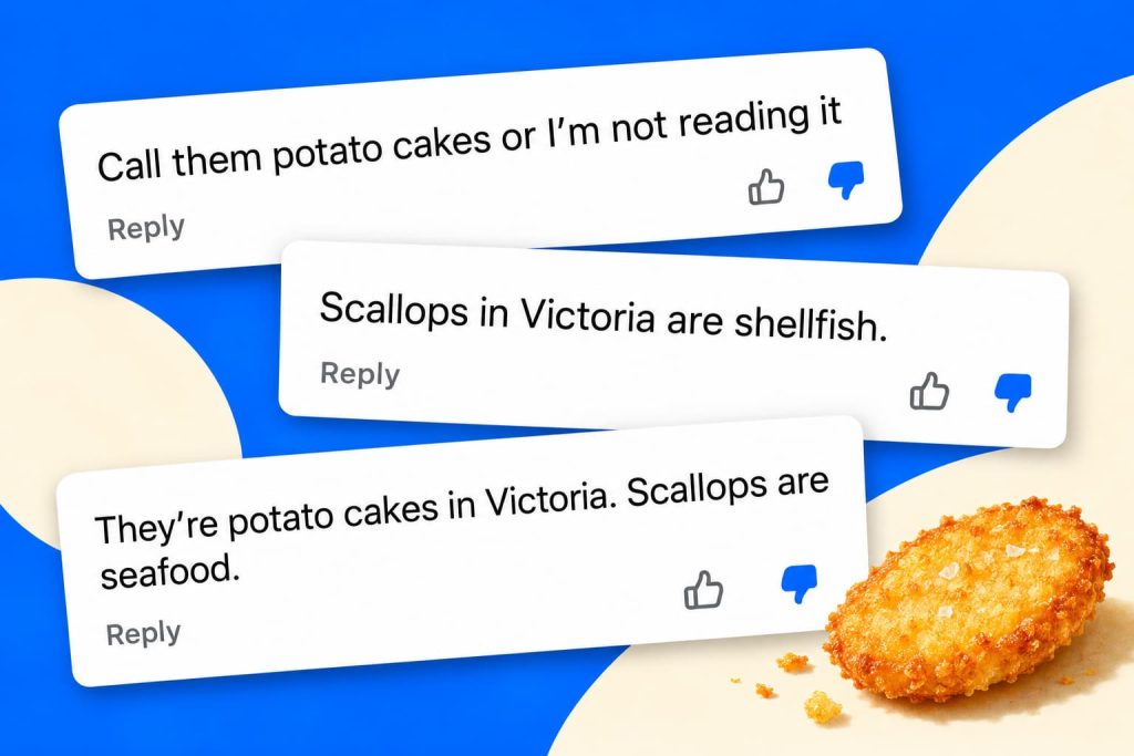 Editorial collage of three Facebook comments insisting on potato cakes and seafood, beside a golden battered potato slice.